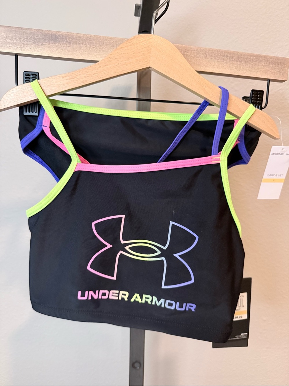 NWT Under Armour girls black/ neon two piece swimsuit size 7